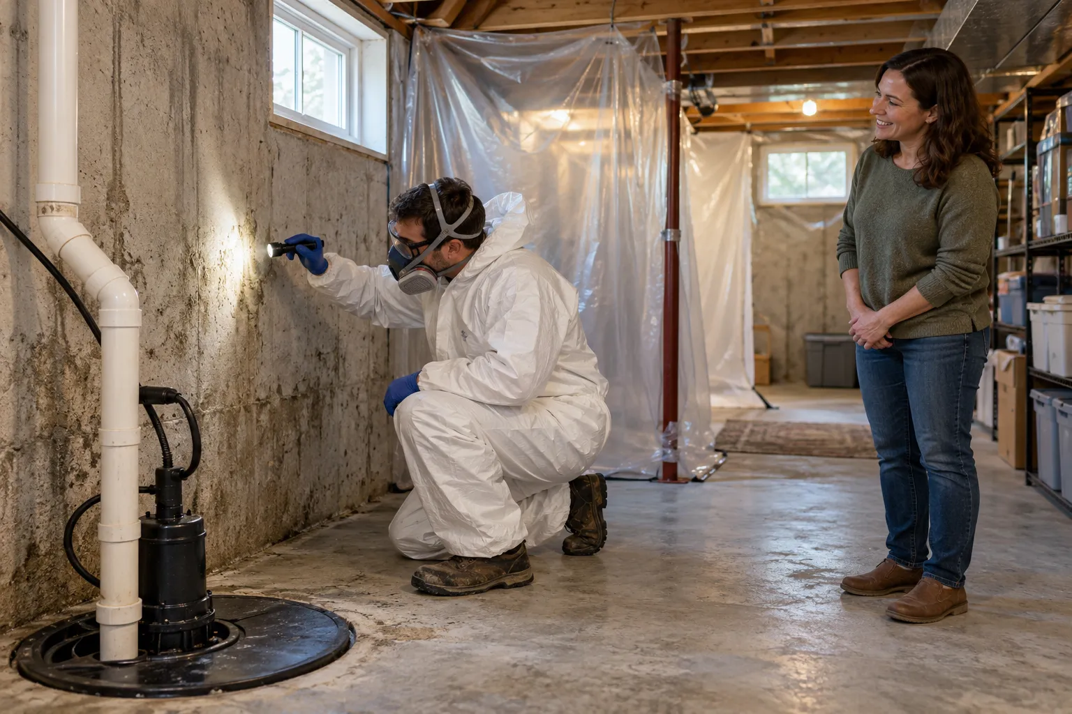 Technician removing dark mold from a bathroom ceiling