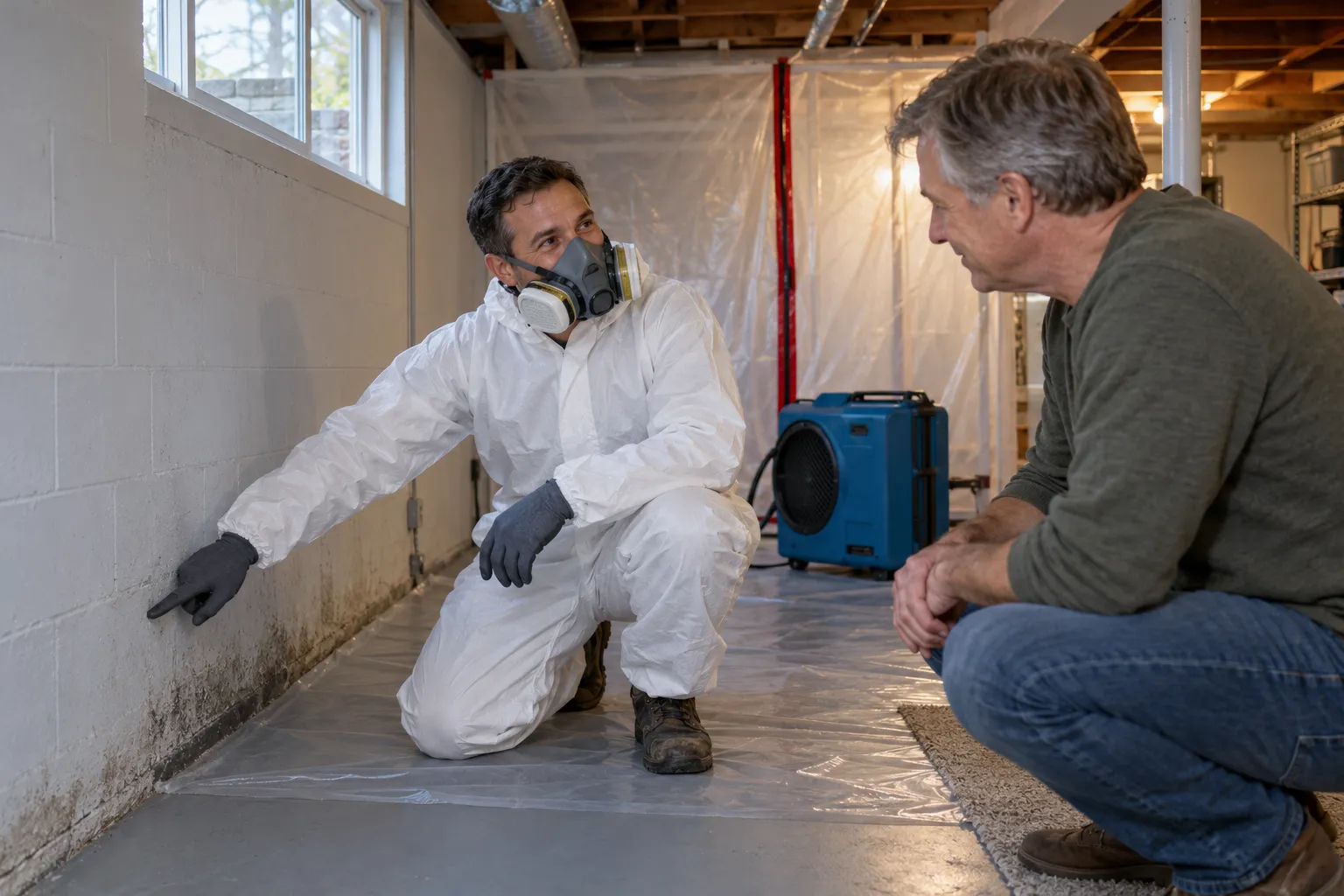 Mold remediation work area sealed with plastic sheeting